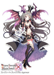 Rule 34 | 1girl, bandages, black dress, black footwear, blush, boots, brave sword x blaze soul, breasts, copyright name, crown, demon horns, demon wings, detached collar, dress, floating hair, frilled dress, frills, gaou (umaiyo puyoman), grey eyes, grey hair, hand up, high heel boots, high heels, highres, holding, holding tail, horns, long hair, looking at viewer, navel, official art, parted lips, small breasts, solo, standing, striped clothes, striped dress, tail, thigh boots, thighhighs, vertical-striped clothes, vertical-striped dress, watermark, wings