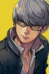 Rule 34 | 1boy, atlus, black jacket, closed mouth, collared shirt, glasses, grey-framed eyewear, grey eyes, grey hair, hungry clicker, jacket, looking to the side, male focus, narukami yuu, persona, persona 4, sega, shirt, simple background, solo, upper body, white shirt, wing collar, yellow background
