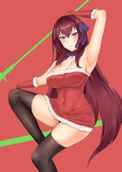 Rule 34 | 1girl, alternate costume, blush, breasts, cleavage, crimecrime, dress, fate/grand order, fate (series), fur-trimmed dress, fur-trimmed gloves, fur trim, gloves, hair between eyes, hair intakes, hair ribbon, highres, large breasts, long hair, looking at viewer, neck ribbon, purple hair, red background, red eyes, red gloves, ribbon, santa costume, santa dress, scathach (fate), smile, solo, thighhighs, thighs
