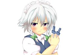 Rule 34 | 1girl, aged down, between fingers, blush, braid, collared shirt, cycloneyukari, frown, holding, holding knife, izayoi sakuya, knife, knives between fingers, looking at viewer, maid headdress, red eyes, serious, shirt, solo, touhou, twin braids, upper body, vest, white hair