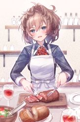 Rule 34 | 1girl, alcohol, apron, ascot, blue eyes, blush, bread, brown hair, commission, cup, drinking glass, flower, food, hair between eyes, holding, holding knife, ittokyu, kantai collection, knife, long sleeves, meat, medium hair, messy hair, military, military uniform, open mouth, red ascot, red flower, red rose, rose, sheffield (kancolle), skeb commission, smile, solo, uniform, white apron, wine, wine glass