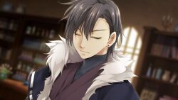 Rule 34 | 1boy, atelier-moo, bishounen, black hair, blurry, blurry background, closed eyes, closed mouth, curtained hair, dougi, hair between eyes, highres, indoors, kurenai shisui, long sleeves, looking at viewer, male focus, piercing, short hair, solo, standing, upper body, v-shaped eyebrows, wizards symphony