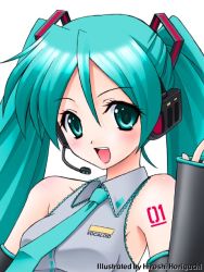 Rule 34 | 1girl, :d, aqua hair, artist name, collared shirt, copyright name, detached sleeves, grey shirt, hair between eyes, hair ornament, hatsune miku, headphones, horiguchi hiroshi, long hair, looking at viewer, microphone, necktie, open mouth, shirt, simple background, smile, solo, tattoo, twintails, upper body, vocaloid, white background