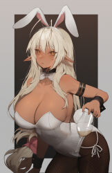 Rule 34 | 1girl, animal ears, antenna hair, arm strap, bare shoulders, black background, black wrist cuffs, border, bow, bowtie, breasts, brown pantyhose, cleavage, closed mouth, collarbone, cup, dark-skinned female, dark elf, dark skin, detached collar, elf, fake animal ears, fishnet pantyhose, fishnets, hairband, highres, holding, holding cup, large breasts, leotard, long hair, looking at viewer, pantyhose, playboy bunny, pointy ears, rabbit ears, rabbit tail, sansei muramasa, solo, soukou akki muramasa, strapless, strapless leotard, tail, terupancake, thighs, traditional bowtie, twitter username, very long hair, white border, white bow, white bowtie, white hair, wing collar, wrist cuffs, yellow eyes