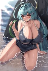 Rule 34 | 1girl, absurdres, aqua hair, arm support, bare arms, black one-piece swimsuit, blue archive, breasts, cleavage, closed mouth, collarbone, commentary request, competition swimsuit, covered erect nipples, covered navel, curvy, halo, highres, holding, holding hose, hose, huge breasts, huge nipples, long hair, looking at viewer, mechanical halo, mua (mua pb), one-piece swimsuit, partially submerged, sitting, smile, solo, swimsuit, wet, yellow eyes, yume (blue archive)