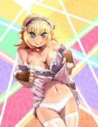 Rule 34 | 1girl, bare shoulders, blonde hair, blush, bow (bhp), breasts, cleavage, clothes lift, collar, dress, dress lift, fingerless gloves, gloves, green eyes, large breasts, maid, maid headdress, navel, original, panties, smile, solo, thighhighs, underwear, white panties, white thighhighs