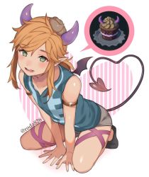 Rule 34 | 1boy, blonde hair, blue eyes, blush, demon tail, link, long hair, looking at viewer, male focus, nintendo, pointy ears, ponytail, roda (roda826), short hair, shorts, smile, solo, tail, the legend of zelda, the legend of zelda: breath of the wild, trap