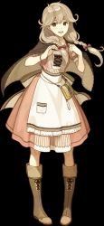 Rule 34 | 1girl, apron, blonde hair, blush, boots, braid, brown eyes, brown footwear, cape, faye (fire emblem), fire emblem, fire emblem echoes: shadows of valentia, full body, hidari (left side), knee boots, long hair, low-braided long hair, low-tied long hair, nintendo, official art, open mouth, solo, transparent background, twin braids
