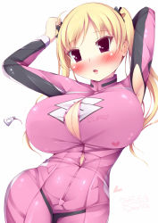 Rule 34 | 10s, 1girl, arms up, bad id, bad pixiv id, bakuon!!, bell, biker clothes, bikesuit, blonde hair, blush, bodysuit, breasts, bursting breasts, cleavage, hair bell, hair ornament, heart, hip focus, huge breasts, long hair, morita (moritania), parted lips, red eyes, simple background, solo, suzunoki rin, twintails, wardrobe malfunction, white background, zipper