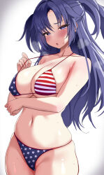 Rule 34 | 1girl, absurdres, american flag, american flag bikini, american flag print, ariso kaoru, arms under breasts, bare shoulders, bikini, blue archive, blush, breasts, breath, collarbone, flag print, highres, large breasts, long hair, looking at viewer, navel, parted bangs, purple eyes, purple hair, skindentation, solo, standing, sweat, swimsuit, two side up, underboob, white background, yuuka (blue archive)