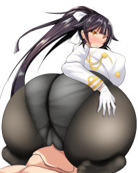 Rule 34 | 1boy, 1girl, ass, azur lane, black hair, black pantyhose, blush, breasts, cameltoe, from behind, gloves, hair ornament, hair ribbon, hand on own ass, hetero, huge ass, kneeling, large breasts, long hair, looking at viewer, looking back, no pants, no shoes, orange eyes, panties, panties under pantyhose, pantyhose, ponytail, ribbon, sera tooru, simple background, sitting, sitting on face, sitting on person, soles, solo focus, takao (azur lane), underwear, uniform, white background, white gloves, white panties