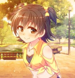 Rule 34 | 1girl, akagi miria, arms behind back, bare shoulders, bench, black hair, blush, brown eyes, clothing cutout, hair ribbon, idolmaster, idolmaster cinderella girls, jewelry, lamppost, looking at viewer, midriff, naoharu (re barna), navel, necklace, outdoors, park, park bench, ribbon, shirt, short hair, short twintails, shoulder cutout, signature, smile, star (symbol), star necklace, sunlight, sunset, tied shirt, tree, twintails, twitter username, two side up, upper body, yellow shirt