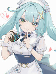 Rule 34 | 1girl, apron, aqua hair, blue dress, blue nails, colored eyelashes, commentary, dress, faruzan (cafe) (genshin impact), faruzan (genshin impact), genshin impact, green eyes, grin, hair ornament, hands up, highres, index finger raised, long hair, looking at viewer, maid, maid headdress, nail polish, shirt, simple background, smile, solo, symbol-only commentary, twintails, ura (hamburg oniku), waist apron, white apron, white background, white shirt, wrist cuffs, x hair ornament