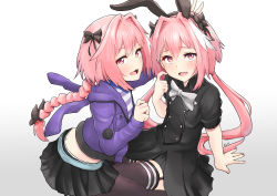 Rule 34 | 1boy, absurdres, astolfo (apocrypha epilogue) (fate), astolfo (fate), astolfo (memories at trifas) (fate), astolfo (saber) (fate), black bow, black dress, black legwear, black skirt, blush, bow, braid, commentary request, dress, fang, fate/apocrypha, fate/grand order, fate (series), grey bow, hair bow, hair intakes, hair ornament, hair ribbon, highres, jacket, jtleeklm, long braid, long hair, looking at viewer, male focus, multicolored hair, multiple views, official alternate costume, open mouth, pantyhose, pink hair, purple eyes, purple jacket, rabbit hair ornament, ribbon, shirt, simple background, single braid, skirt, smile, streaked hair, striped clothes, striped shirt, thighhighs, trap, white background, white hair