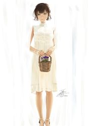 Rule 34 | 1girl, backlighting, bare arms, basket, brown hair, closed mouth, commentary request, curtains, dress, fadingz, flower, green eyes, high heels, highres, holding, holding basket, looking at viewer, original, purple flower, short hair, signature, sleeveless, sleeveless dress, solo, white dress