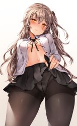 Rule 34 | 1girl, black pantyhose, black ribbon, black skirt, blush, breasts, brown hair, closed mouth, clothes lift, collared shirt, embarrassed, girls&#039; frontline, gradient background, hair between eyes, hair ornament, highres, lifting own clothes, long hair, looking at viewer, navel, neck ribbon, one side up, open clothes, open shirt, panties, panties under pantyhose, pantyhose, pleated skirt, ribbon, scar, scar across eye, scar on face, shirt, sidelocks, simple background, skirt, skirt lift, small breasts, stomach, sweatdrop, thighband pantyhose, ump45 (girls&#039; frontline), unbuttoned, unbuttoned shirt, underwear, white panties, white shirt, yellow eyes, zerocat