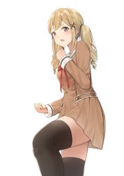 Rule 34 | 1girl, bang dream!, black thighhighs, blonde hair, blush, brown eyes, brown skirt, clenched hand, erezu, hair ornament, hanasakigawa school uniform, hand up, ichigaya arisa, long hair, long sleeves, looking at viewer, open mouth, ribbon, school uniform, sidelocks, simple background, skirt, solo, standing, thighhighs, twintails, v-shaped eyebrows, white background, x hair ornament