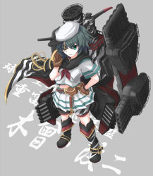 Rule 34 | 10s, 1girl, aiguillette, bad id, bad pixiv id, belt, boots, cape, commentary request, eyepatch, from above, gloves, green eyes, green hair, green hat, hand on own hip, hat, holster, kantai collection, kiso (kancolle), kiso kai ni (kancolle), machinery, matching hair/eyes, midriff, mototaro, navel, peaked cap, pleated skirt, pouch, red ribbon, ribbon, school uniform, serafuku, short hair, skirt, solo, standing, sword, text focus, translation request, turret, weapon