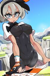 Rule 34 | 1girl, absurdres, bea (pokemon), black bodysuit, black hairband, blue sky, bodysuit, bodysuit under clothes, bongfill, bow, bow hairband, breasts, clear sky, clothes pull, commentary, covered navel, cowboy shot, creatures (company), day, dynamax band, english commentary, game freak, gloves, grey eyes, grey hair, hair between eyes, hair bow, hairband, highres, large breasts, leaning back, looking at viewer, mountain, nintendo, open mouth, outdoors, pokemon, pokemon swsh, print shorts, short hair, short sleeves, shorts, shorts pull, single glove, skin tight, sky, solo, standing, sweatdrop, teeth, upper teeth only, v-shaped eyebrows