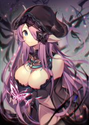 Rule 34 | 1girl, bare shoulders, black gloves, black panties, blue eyes, blurry, breasts, bug, butterfly, center opening, chromatic aberration, cleavage, closed mouth, cowboy shot, depth of field, draph, fingerless gloves, gloves, granblue fantasy, hair over one eye, highres, homaderi, hood, horns, insect, large breasts, long hair, looking at viewer, narmaya (granblue fantasy), narmaya (the black butterfly) (granblue fantasy), navel, panties, pink hair, pointy ears, sidelocks, smile, solo, standing, underwear, very long hair