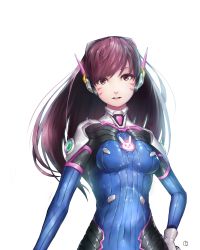 Rule 34 | 1girl, animal print, armor, bodysuit, breasts, brown eyes, brown hair, covered navel, cowboy shot, d.va (overwatch), dms, facepaint, facial mark, gloves, hand on own hip, hand up, headphones, high collar, highres, long hair, looking at viewer, medium breasts, open mouth, overwatch, overwatch 1, pauldrons, pilot suit, rabbit print, shiny clothes, shoulder armor, shoulder pads, simple background, smile, solo, swept bangs, turtleneck, whisker markings, white background, white gloves