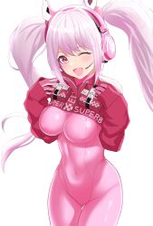 Rule 34 | 1girl, :d, absurdres, alice (nikke), animal ear headphones, animal ears, blush, bodysuit, breasts, covered navel, cropped jacket, fake animal ears, gloves, gluteal fold, goddess of victory: nikke, headphones, headset, highres, impossible bodysuit, impossible clothes, jacket, kuma sdvx, latex, latex bodysuit, long hair, medium breasts, one eye closed, open mouth, pink bodysuit, pink eyes, pink gloves, pink hair, puffy sleeves, red jacket, sidelocks, simple background, skin tight, sleeves past wrists, smile, solo, thigh gap, twintails, two-tone gloves, white background, white gloves