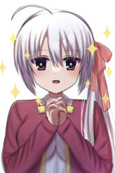 Rule 34 | + +, 1girl, :d, ahoge, ayachi nene, blush, casual, colored eyelashes, commentary, excited, grey hair, hair between eyes, hair ribbon, hand up, highres, interlocked fingers, jacket, long hair, looking at viewer, mahigu re, neck ribbon, official alternate costume, official alternate hairstyle, open mouth, own hands together, purple eyes, red jacket, red ribbon, ribbon, sanoba witch, shirt, side ponytail, simple background, sleeves past wrists, smile, solo, sparkle, straight-on, straight hair, upper body, white background, white shirt, yellow ribbon