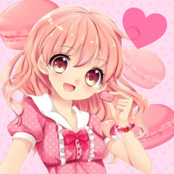 Rule 34 | 1girl, bad id, bad pixiv id, blush, bow, bracelet, breasts, food, heart, jewelry, looking at viewer, macaron, open mouth, original, pink background, pink theme, polka dot, smile, solo, unmoving pattern, upper body, uzuki aki