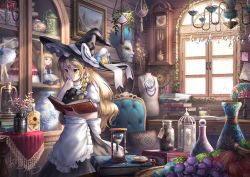 Rule 34 | 1girl, :o, aotsuki tenere, apron, basket, bead necklace, beads, black hat, black skirt, black vest, blonde hair, book, book stack, bottle, bow, braid, buttons, cabinet, chair, chandelier, clock, commentary, cowboy shot, crown, cup, desk, desk lamp, doll, dream catcher, drinking glass, flower pot, hair between eyes, hair bow, hand on own chin, hand up, hat, hat bow, hat ornament, herb, highres, holding, holding book, hourglass, indoors, ivy, jewelry, kirisame marisa, lamp, lantern, loaded interior, long hair, mannequin, mask, mirror, mortar (bowl), mushroom, necklace, notes, open book, open mouth, painting (object), paper stack, pendulum clock, pestle, pillow, pocket watch, puffy short sleeves, puffy sleeves, reading, roomscape, shanghai doll, shirt, short sleeves, single braid, skirt, skirt set, solo, star (symbol), star hat ornament, table, touhou, v-shaped eyebrows, vase, vest, waist apron, waist bow, wall clock, watch, white apron, white bow, white shirt, wide shot, window, witch hat, wooden wall, yellow eyes