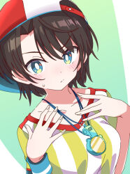 Rule 34 | 1girl, blue eyes, brown hair, collarbone, gradient background, green background, hat, hololive, ixy, looking at viewer, oozora subaru, oozora subaru (1st costume), shirt, short hair, solo, striped clothes, striped shirt, tomboy, upper body, vertical-striped clothes, vertical-striped shirt, virtual youtuber, whistle, whistle around neck