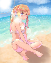 Rule 34 | 1girl, absurdres, bare shoulders, barefoot, beach, blonde hair, blue eyes, blush, breasts, chestnut mouth, cleavage, cloud, day, dongkas, full body, highres, crossed legs, lens flare, long hair, looking at viewer, medium breasts, navel, ocean, onishima homare, parted lips, sitting, solo, sounan desuka?, sun, swimsuit, twintails