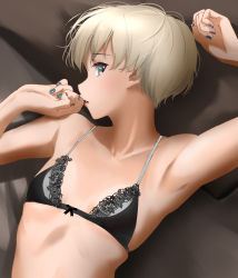 Rule 34 | 1girl, arm up, armpits, arms up, bare arms, bare shoulders, black bra, blue eyes, blue nails, bra, breasts, collarbone, commentary request, fingernails, flat chest, highres, jewelry, kantai collection, lace, lace-trimmed bra, lace trim, lips, looking at viewer, lying, nail polish, on back, parted lips, short hair, skindentation, solo, tama (tamago), underwear, upper body, yellow nails, z1 leberecht maass (kancolle)
