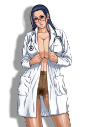 Rule 34 | 1girl, black-framed eyewear, black hair, blue eyes, blue hair, breasts, brown pantyhose, cleavage, coat, collarbone, doctor, female focus, female pubic hair, glasses, hair slicked back, head tilt, huge breasts, kazuki kotobuki, lab coat, lips, long hair, long sleeves, looking at viewer, matching hair/eyes, nico robin, no bra, no panties, no pants, no shirt, one piece, open clothes, open shirt, pantyhose, parted lips, pubic hair, shadow, shirt, simple background, solo, stethoscope, white background