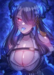Rule 34 | 1girl, absurdres, asymmetrical horns, black hair, blue hair, blue tongue, blush, breasts, cleavage, colored inner hair, colored tongue, craymer, demon horns, hair ornament, highres, hololive, hololive english, horns, large breasts, long hair, looking at viewer, mole, mole under eye, multicolored hair, nerissa ravencroft, nerissa ravencroft (1st costume), partially unbuttoned, red eyes, solo, two-tone hair, uneven horns, very long hair, virtual youtuber