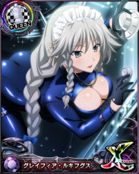 Rule 34 | 1girl, ass, black gloves, blue bodysuit, blue bow, bodysuit, bow, braid, breasts, card (medium), chess piece, cleavage, cleavage cutout, clothing cutout, female focus, gloves, grayfia lucifuge, grey eyes, grey hair, hair bow, high school dxd, large breasts, long hair, maid headdress, matching hair/eyes, official art, queen (chess), red lips, safe (container), solo, stethoscope, twin braids