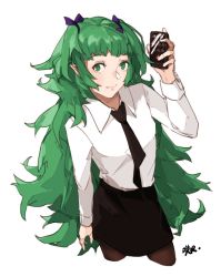 Rule 34 | 1girl, alternate costume, cellphone, closed mouth, fire emblem, fire emblem: three houses, green eyes, green hair, holding, holding phone, long hair, nintendo, office lady, pantyhose, phone, pointy ears, ribbon, sakuremi, simple background, skirt, solo, sothis (fire emblem), very long hair, white background