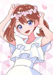 Rule 34 | 1girl, :d, alternate costume, arm up, arutarika (ri kaoekaki), brown hair, cherry blossoms, collarbone, commentary request, creatures (company), dress, eyelashes, falling petals, flower wreath, frills, game freak, hand up, looking at viewer, may (pokemon), medium hair, nintendo, open mouth, petals, pokemon, pokemon rse, purple eyes, smile, solo, teeth, tongue, upper teeth only, white dress