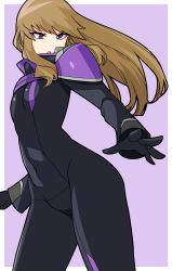 Rule 34 | 1girl, :o, black gloves, border, breasts, brown hair, covered navel, eyebrows hidden by hair, gloves, highres, kugimiya kei, long hair, majestic prince, open hand, open mouth, outside border, pilot suit, purple background, purple eyes, skin tight, small breasts, solo, taa yuu, white border