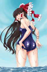 Rule 34 | 1girl, adjusting clothes, adjusting swimsuit, alternate costume, ass, blue one-piece swimsuit, blush, bow, brown eyes, brown hair, clothes pull, competition school swimsuit, female focus, from behind, hair bow, hair tubes, hakurei reimu, looking back, marubonman, one-piece swimsuit, one-piece swimsuit pull, open mouth, school swimsuit, solo, swimsuit, touhou, water, wet