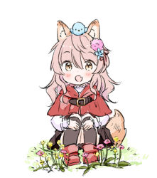 Rule 34 | 1girl, :d, animal, animal ear fluff, animal ears, animal on head, bird, black skirt, black socks, blue flower, blush, boots, brown eyes, capelet, chibi, commentary request, fang, flower, full body, hair between eyes, hair flower, hair ornament, hair ribbon, hood, hood down, hooded capelet, kneehighs, knees up, long hair, long sleeves, looking at viewer, on head, open mouth, original, pink flower, pink hair, pleated skirt, red capelet, red footwear, red ribbon, ribbon, shirt, sitting, skirt, sleeves past wrists, smile, socks, solo, tail, wataame27, white background, white shirt, wolf-chan (wataame27), wolf ears, wolf girl, wolf tail, yellow flower