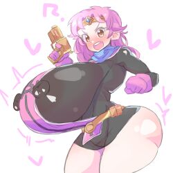 Rule 34 | 1girl, ?, absurdres, akan mori, belt, black dress, breasts, brown eyes, dot nose, dragon quest, dragon quest dai no daibouken, dress, female focus, functionally nude, gigantic breasts, gloves, gun, highres, holding, holding gun, holding weapon, huge breasts, large areolae, leotard, looking at viewer, maam, open mouth, pink gloves, pink hair, shiny skin, thick thighs, thighs, weapon, white background, wide hips