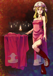 Rule 34 | 1girl, blonde hair, boots, brown eyes, candle, covered erect nipples, dress, female focus, final fantasy, final fantasy tactics, full body, gaikotsuton, gradient background, hat, long hair, orator (fft), robe, solo
