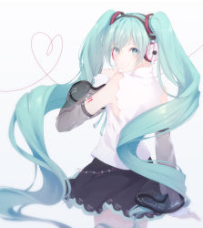 Rule 34 | 1girl, black hairband, black skirt, blue eyes, blue hair, blue ribbon, cowboy shot, detached sleeves, floating hair, from behind, grey sleeves, grin, hair between eyes, hairband, hatsune miku, hatsune miku (nt), headphones, highres, kicchan, long hair, long sleeves, looking at viewer, looking back, miniskirt, neck ribbon, pleated skirt, ribbon, see-through, shirt, simple background, skirt, sleeveless, sleeveless shirt, smile, solo, standing, twintails, very long hair, vocaloid, white background, white shirt