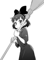 Rule 34 | 1girl, blush, bow, broom, closed mouth, clutch shot king, dress, greyscale, hair bow, hairband, kiki (majo no takkyuubin), looking at viewer, majo no takkyuubin, monochrome, short hair, simple background, solo, white background