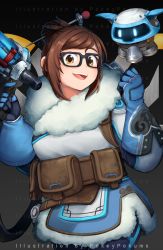 Rule 34 | 1girl, :d, artist name, beads, belt, belt pouch, black-framed eyewear, blue gloves, blue legwear, brown eyes, brown hair, canister, canteen, clenched hand, coat, cowboy shot, drone, eyebrows, floating, fur-trimmed jacket, fur coat, fur trim, glasses, gloves, gun, hair bun, hair ornament, hair stick, hairpin, hands up, holding, holding weapon, hose, jacket, mei (overwatch), open mouth, overwatch, overwatch 1, parka, pokey, pouch, print legwear, robot, short hair, single hair bun, smile, snowball (overwatch), solo, thick eyebrows, utility belt, weapon, winter clothes, winter coat