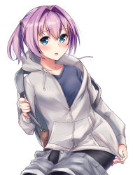 Rule 34 | 1girl, alternate costume, backpack, bag, bike shorts, black shirt, blue eyes, blush, cat zipper, clothes pull, collarbone, grey hoodie, grey shorts, hair intakes, haregama shiina, highres, hood, hood down, hoodie, kantai collection, long sleeves, looking at viewer, pantyhose, pink hair, pocket, ponytail, shiranui (kancolle), shirt, short hair, shorts, shorts pull, simple background, sitting, solo, undressing, white background