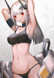 Rule 34 | 1girl, absurdres, arknights, arm strap, armpits, arms behind back, arms up, bare shoulders, bikini, black bikini, black collar, blush, breasts, cleavage, collar, collarbone, commentary, covered erect nipples, cowboy shot, dhokidoki, groin, highres, horns, infection monitor (arknights), long hair, looking at viewer, medium breasts, mudrock (arknights), mudrock (elite ii) (arknights), navel, off shoulder, parted lips, pointy ears, red eyes, sarashi, sidelocks, signature, silver hair, simple background, solo, standing, stomach, swimsuit, white background