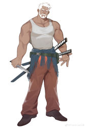 Rule 34 | 1boy, absurdres, bara, bare arms, bare shoulders, beard, dagger, facial hair, full body, highres, holding, holding dagger, holding knife, holding weapon, katana, knife, large pectorals, male focus, mature male, muscular, muscular male, old, old man, orange pants, original, pants, pectoral cleavage, pectorals, powerlesssong, sheath, sheathed, short hair, solo, sword, tank top, weapon, white hair, white tank top