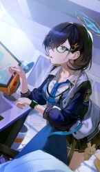 Rule 34 | 1girl, absurdres, black hair, blue archive, blue necktie, chihiro (blue archive), flatshi, glasses, halo, highres, jacket, leaning forward, monitor, necktie, pleated skirt, skirt, watch, wristwatch