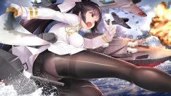 Rule 34 | 1girl, absurdres, ass, azur lane, black footwear, black hair, black pantyhose, blunt bangs, bow, breasts, cannon, clothes lift, cloud, cloudy sky, commentary request, crotch seam, day, explosion, eyelashes, fighting stance, from behind, from side, gloves, hair bow, hair flaps, half gloves, hands up, highres, holding, holding sword, holding weapon, katana, large breasts, loafers, long hair, long sleeves, looking to the side, machinery, military, military uniform, miniskirt, ocean, open mouth, outdoors, panties, panties under pantyhose, pantyhose, pantyshot, pleated skirt, ponytail, ready to draw, ribbon, rigging, rin2008, scabbard, sheath, shiny clothes, shoes, skirt, skirt lift, sky, solo, splashing, squatting, sword, takao (azur lane), teeth, thighband pantyhose, thighs, tsurime, turret, underwear, uniform, unsheathed, upper teeth only, upskirt, very long hair, water, weapon, white bow, white gloves, white panties, white ribbon, white skirt, yellow eyes